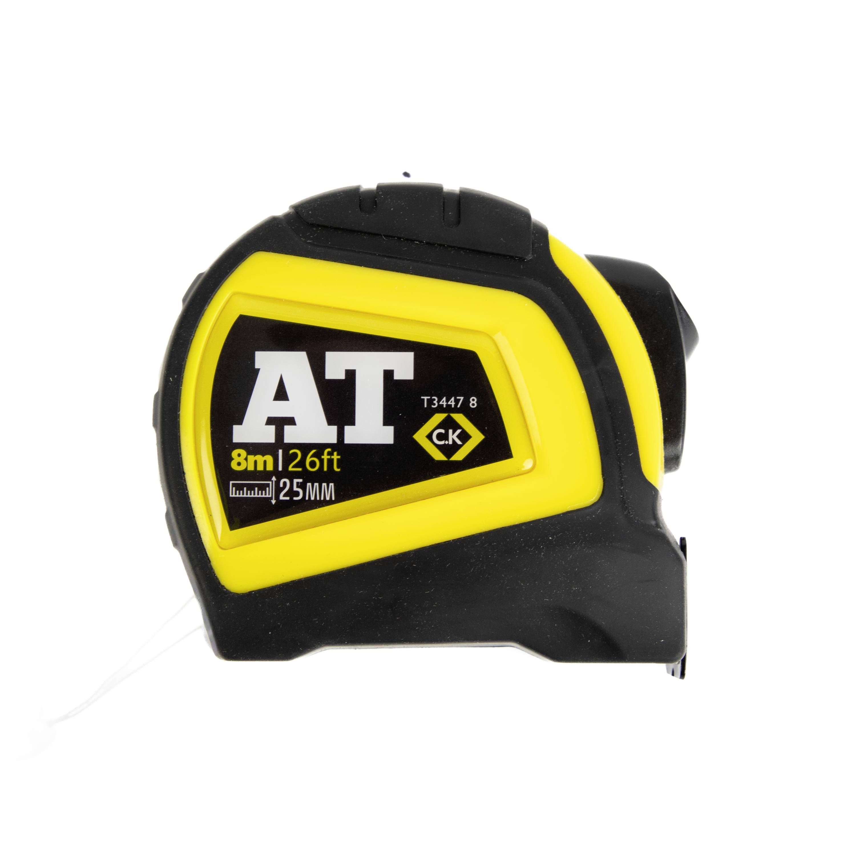 Black and yellow retractable tape measure labeled 'AT', 8m/26ft and 25mm, shown on a white background.