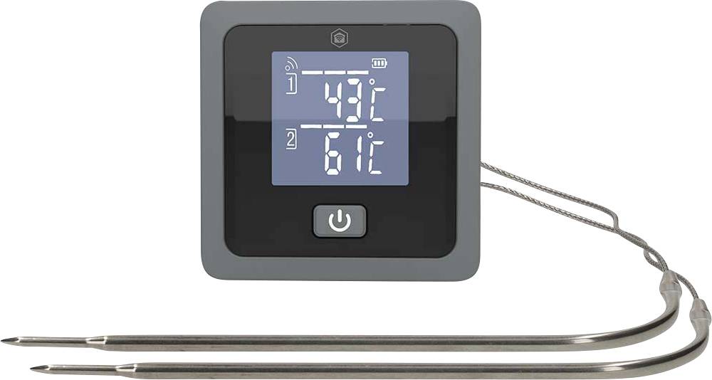 Thermomètre numérique à deux sondes avec affichage montrant 43°C et 6°C, équipé de deux sondes métalliques reliées par câble.