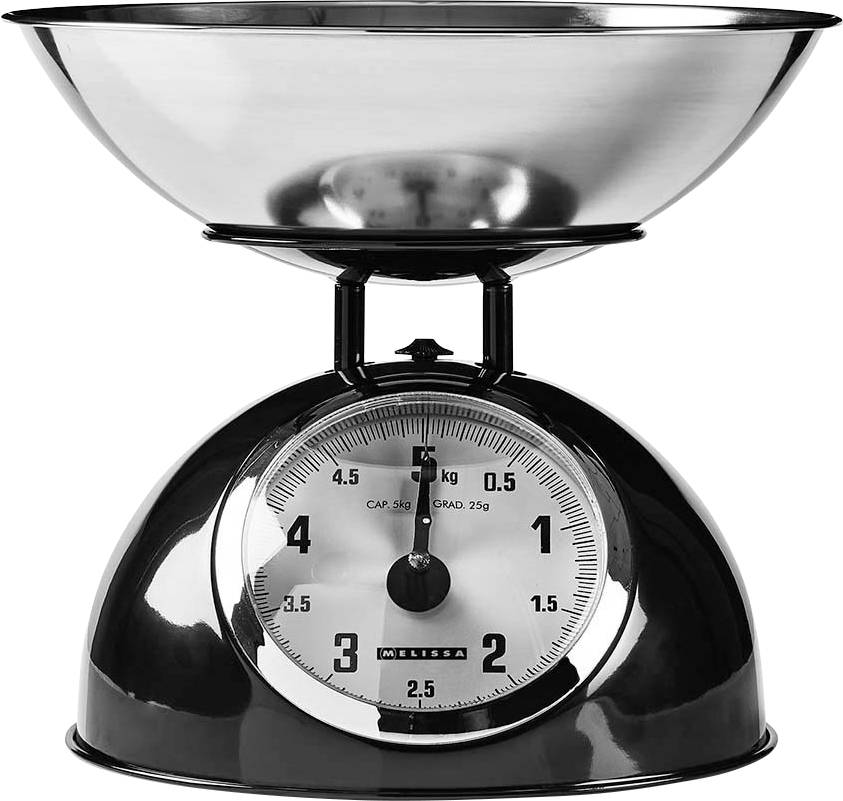 Balance de cuisine en acier inoxydable avec un grand bol sur le dessus et un cadran analogique indiquant le poids en kilogrammes.