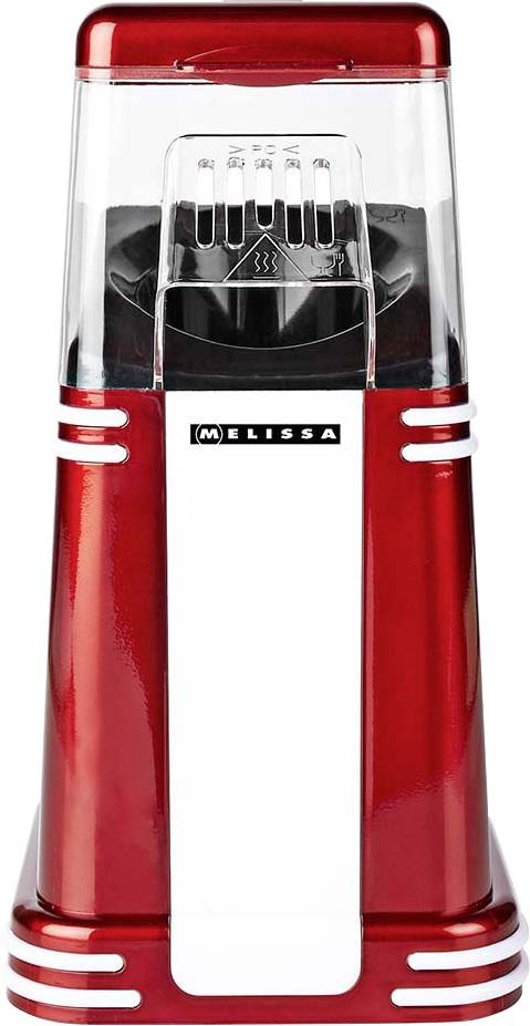 Appareil de comptoir Melissa rouge et blanc avec une section supérieure transparente, une fenêtre de visualisation avant et un design rétro élégant sur un fond blanc.