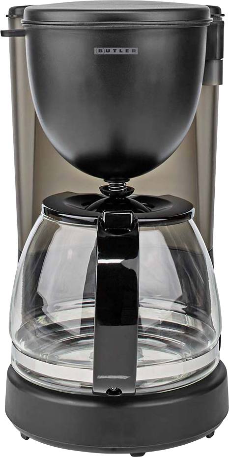 Cafetière à filtre noire avec carafe en verre et détails en acier inoxydable, présentée en vue de face sur un fond neutre.