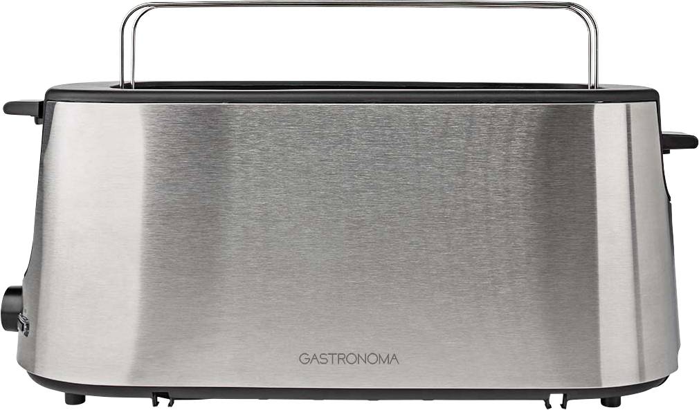 Grille-pain deux tranches en acier inoxydable avec une poignée chromée surélevée et des commandes noires, présenté en vue de face sur un fond blanc.