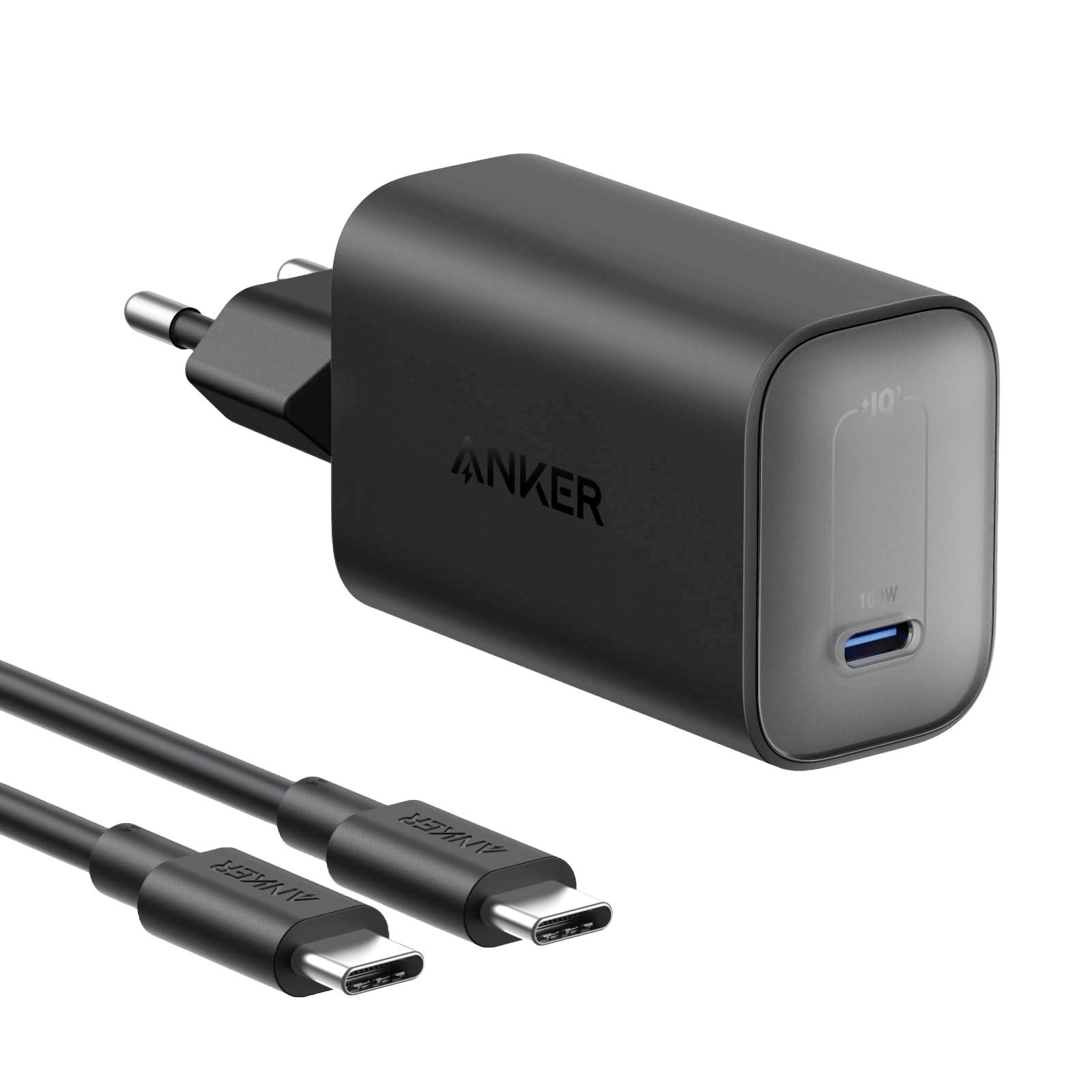 Chargeur mural Anker noir avec prise EU et port USB-C, présenté avec deux câbles de charge USB-C.
