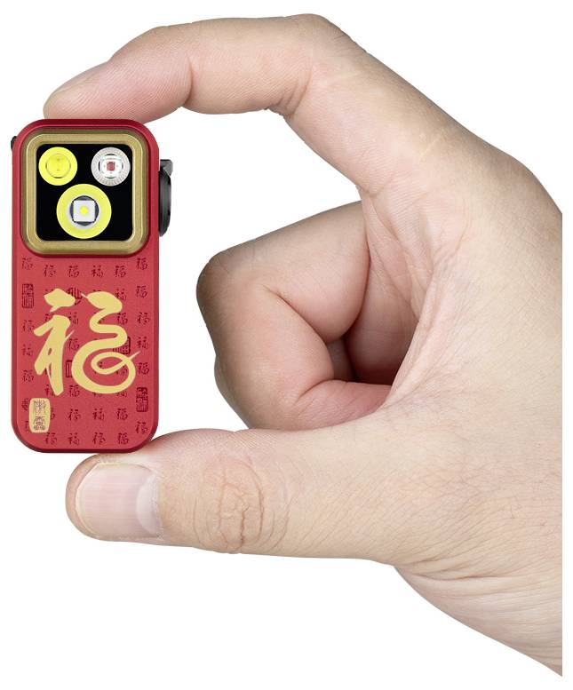 Main tenant une minuscule caméra numérique rouge/porte-clés avec un caractère chinois doré '福' sur le devant