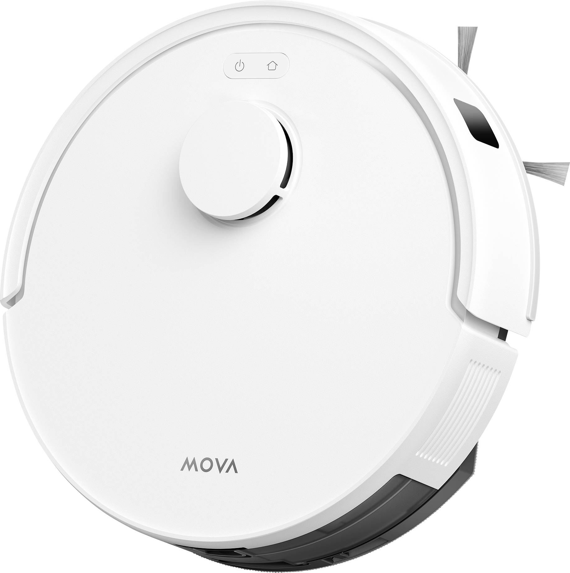 Aspirateur robot MOVA blanc avec design circulaire, bouton de contrôle sur le dessus et brosse latérale visible.