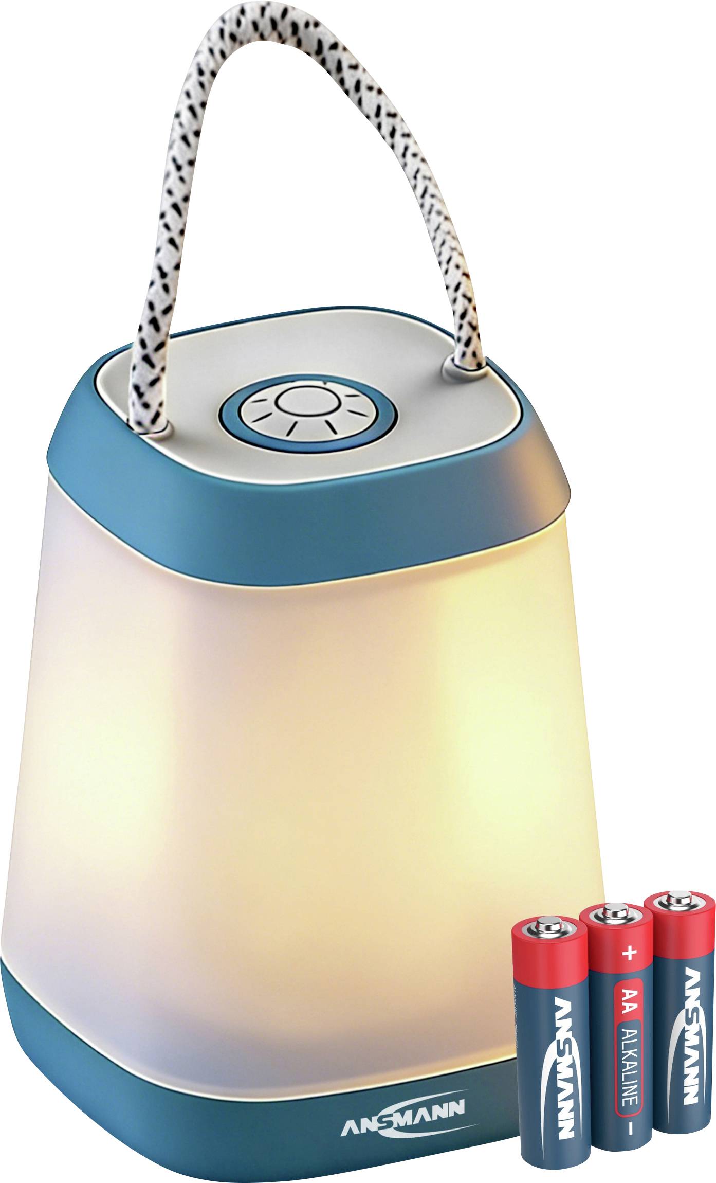 Lanterne LED portable avec poignée de transport et trois piles AA présentées à côté, indiquant une utilisation alimentée par piles.