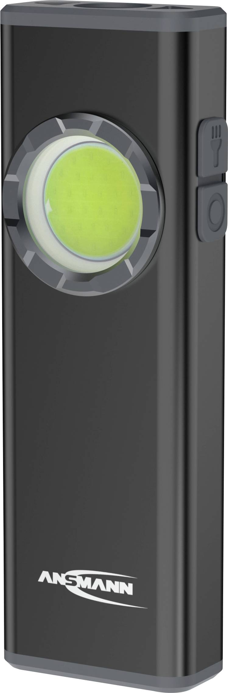 Banque d'énergie portable ANSMANN noire avec un écran/indicateur circulaire vert vif à l'avant et des ports USB sur le côté.