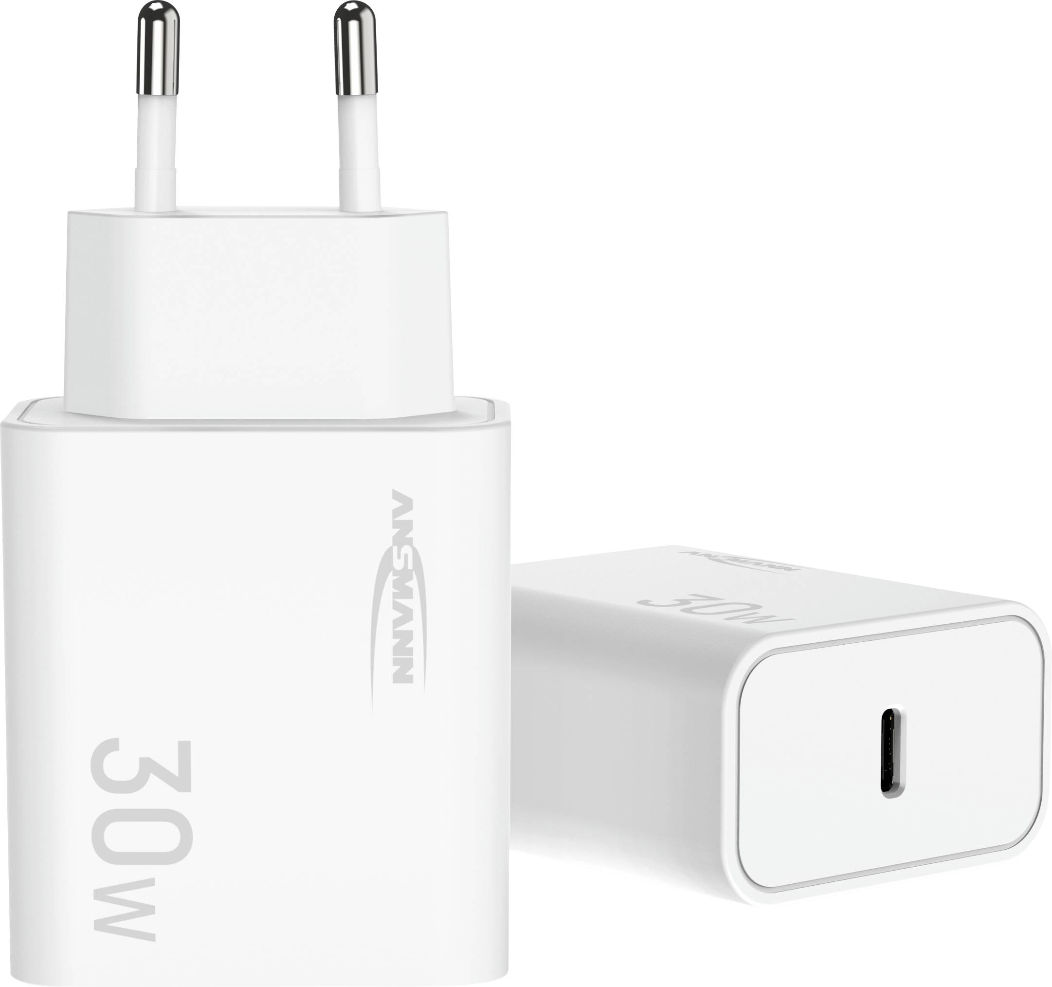 Chargeur mural blanc Ansmann 30W USB-C avec prise deux broches, montré en vue de face et vue de profil sur fond blanc.
