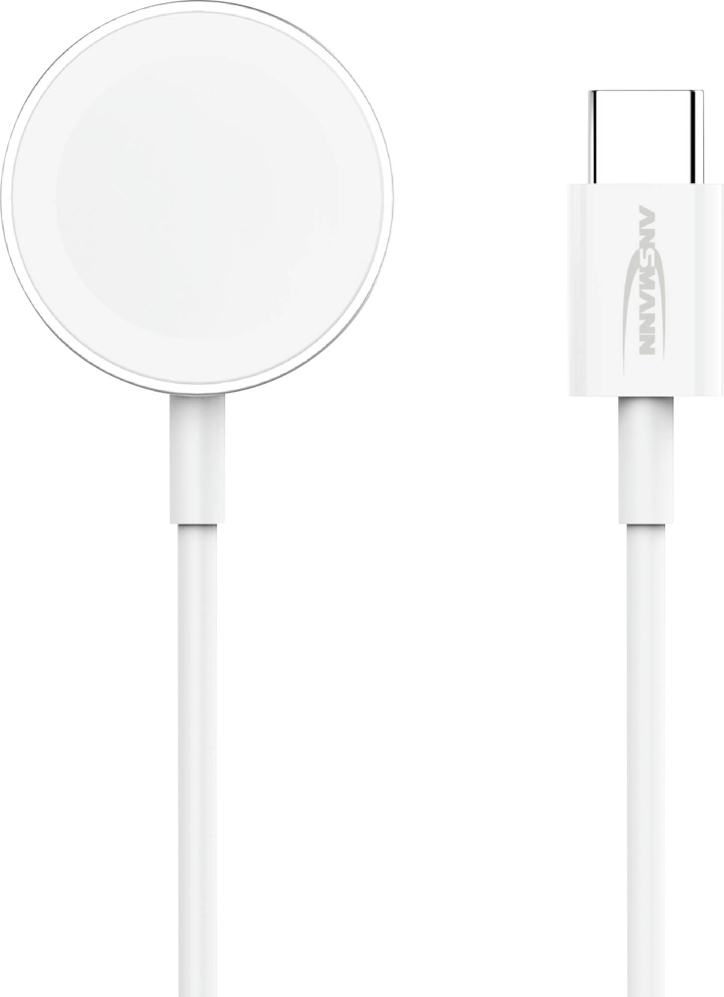 Puck de charge sans fil magnétique blanc avec câble attaché montré de face et de dos, présentant un connecteur USB-C et une marque « ANKNAN » orientée verticalement.