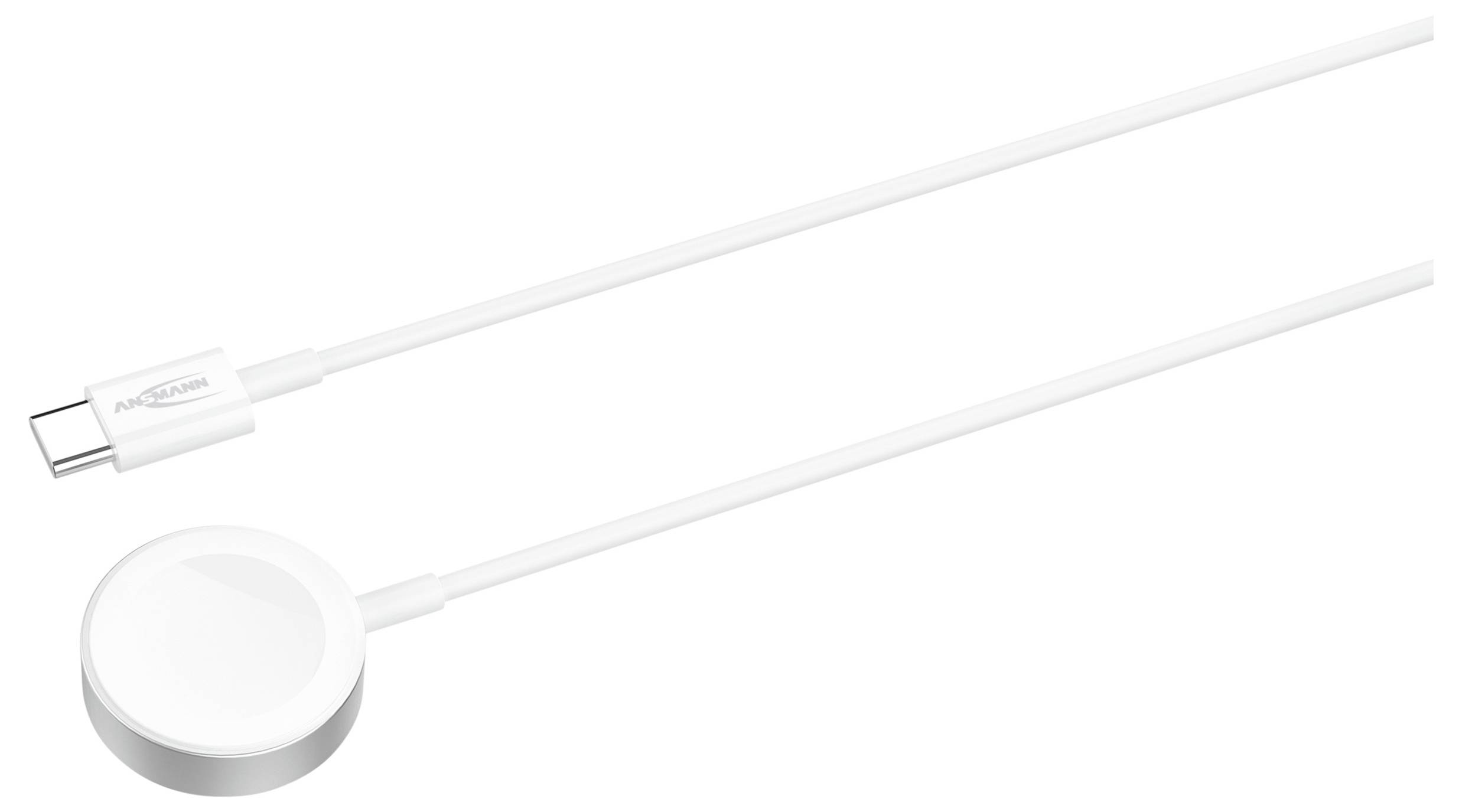 Câble USB-C blanc avec un palet de charge sans fil de forme ronde à une extrémité et un connecteur USB-C à l'autre extrémité, présenté sur un fond uni.
