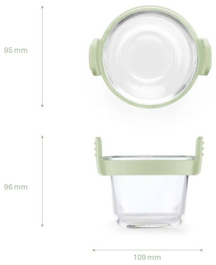 Conteneur transparent à couvercle vert présenté en vues de dessus et de côté avec dimensions indiquées : 95 mm, 96 mm et 109 mm.