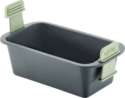 Moule à pain rectangulaire gris foncé avec intérieur antiadhésif et poignées latérales vert clair pour soulever ou manipuler le pain