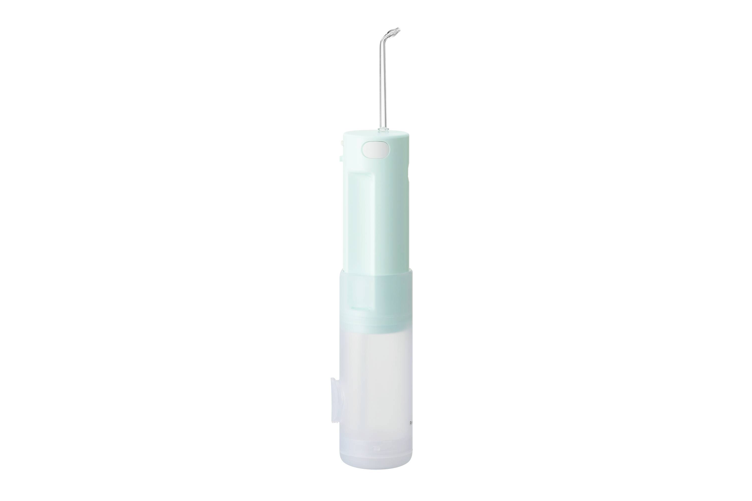 Un cure-dent à fil dentaire de couleur vert menthe avec du plastique transparent, équipé d'un crochet métallique incurvé, présenté à la verticale sur un fond blanc.