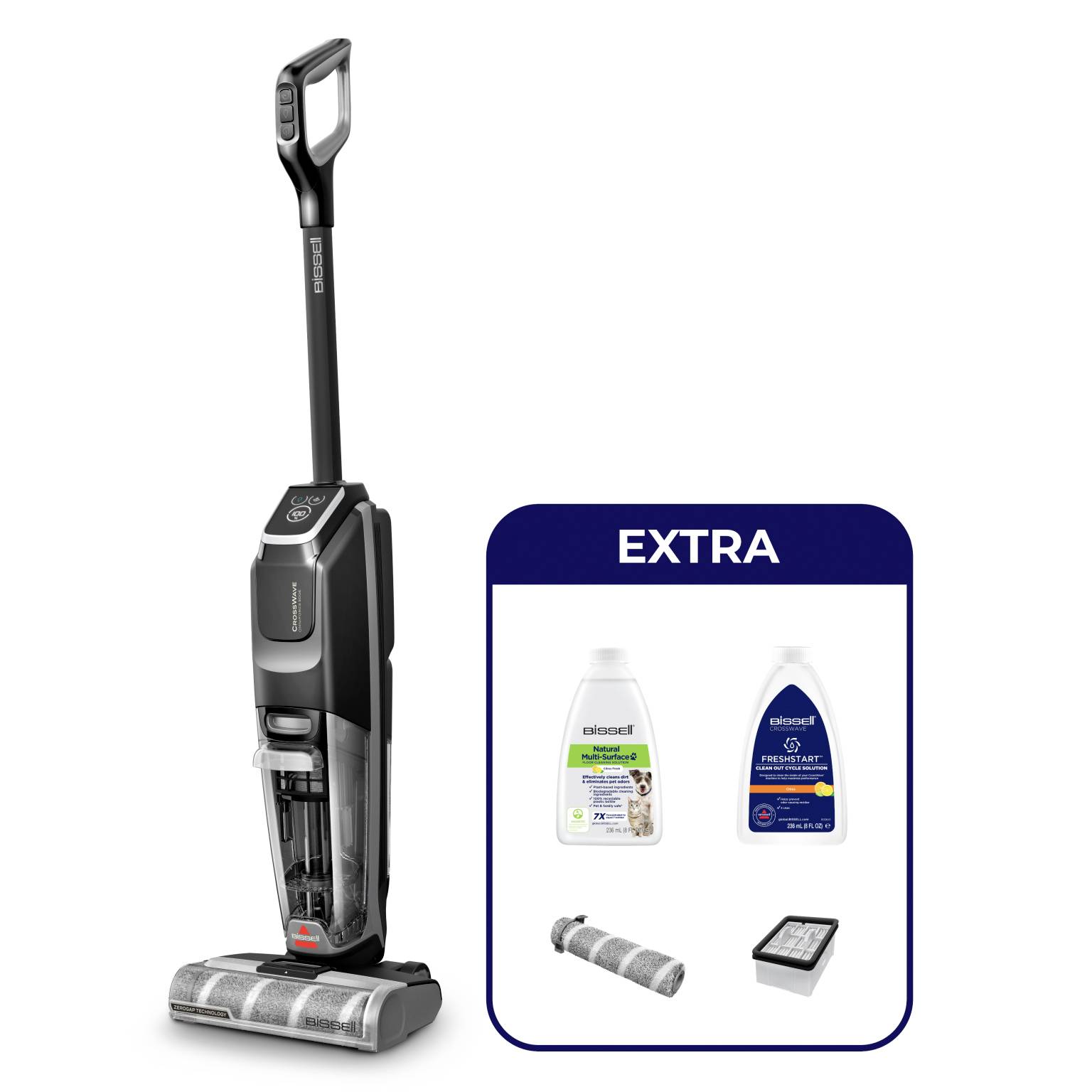 Aspirateur balai avec tête de nettoyage et panneau « SUPPLÉMENTAIRE » montrant les bouteilles de solution de nettoyage incluses et les filtres de remplacement