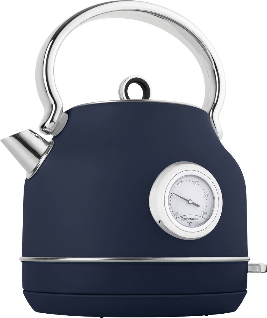 Bouilloire électrique bleue avec poignée et bec verseur en chrome, avec un thermomètre rond affiché à l'avant.