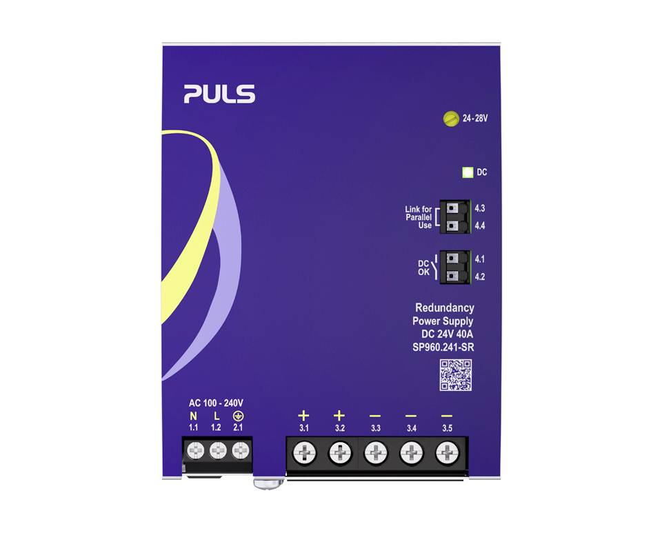 Alimentation PULS montée sur rail DIN, façade avant étiquetée CC 24V 4A, avec connexions de bornes et voyants d'état.