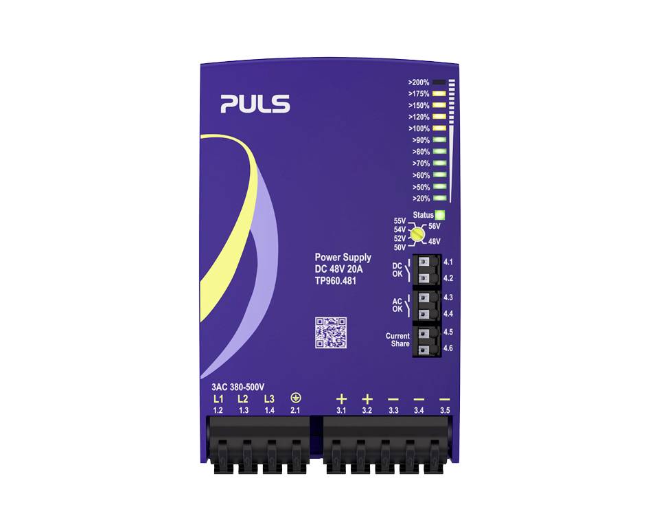 Vue de face d'un module d'alimentation PULS DC 48V 20A avec des voyants d'état, des bornes de sortie et un code QR.