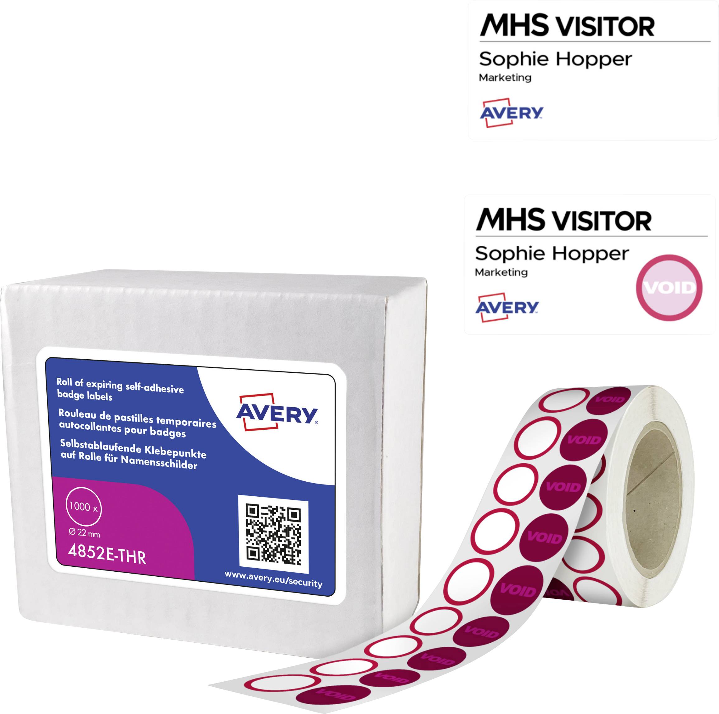 Étiquettes de badges visiteur autocollantes Avery 4852E-THR, avec étiquettes en rouleau affichant « VOID » en cas de retrait et échantillons de badges « MHS VISITOR ».