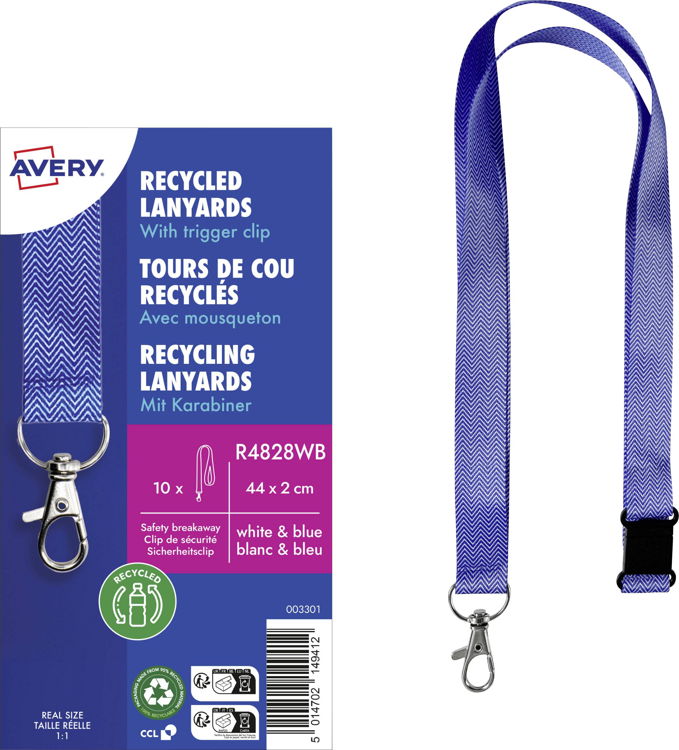 Un cordon d'identification bleu et blanc recyclé Avery avec agrafe déclencheur est présenté, aux côtés de son emballage de vente au détail étiqueté « Recycled Lanyards » et du code produit R4828WB.