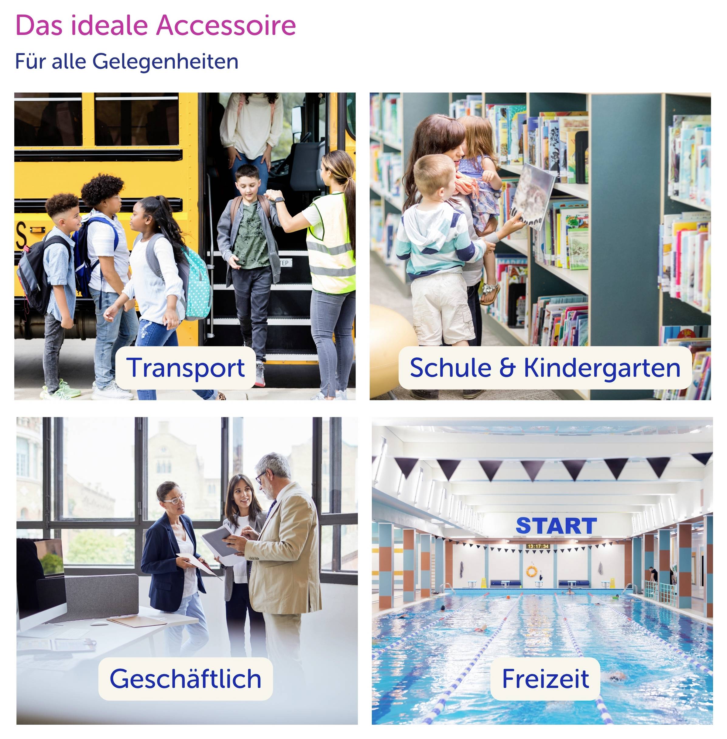 Publicité graphique avec le texte « L'accessoire idéal » et « Pour toutes les occasions » ; quatre scènes du quotidien : Transport, École & Maternelle, Affaires et Loisirs.