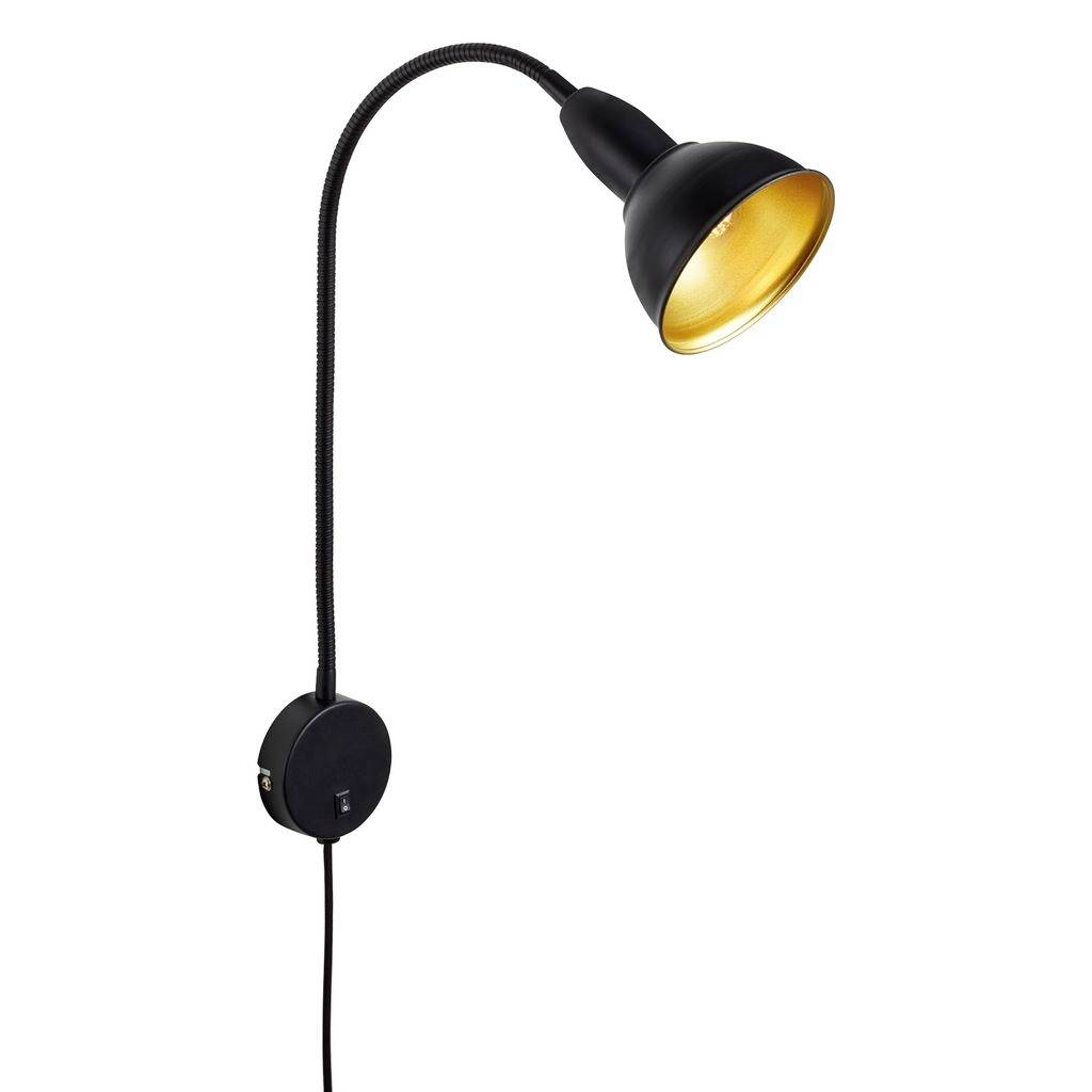 Lampe murale à col de cygne noire avec base de montage ronde et abat-jour intérieur de couleur or, présentée sur un fond blanc.