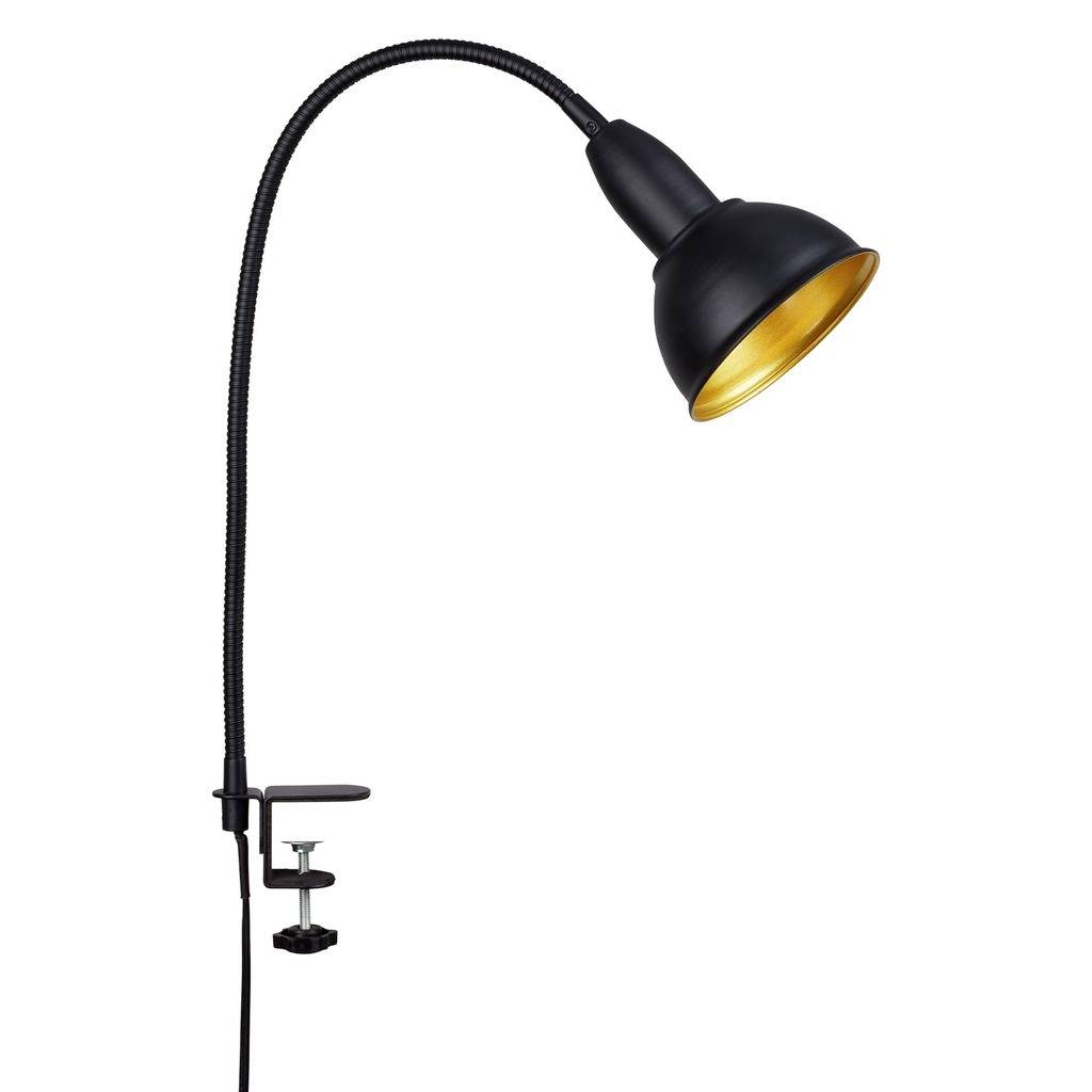Lampe de bureau noire ajustable avec système de serrage, dotée d'un col de cygne flexible et d'un abat-jour conique, présentée sur un fond blanc.