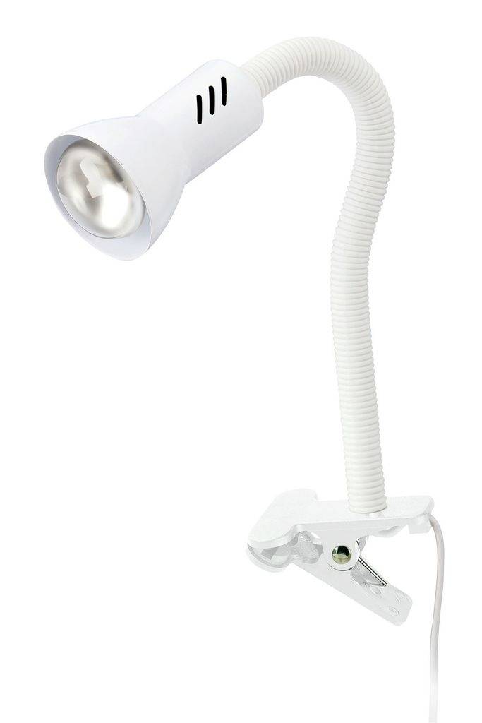 Lampe blanche à pince avec col de cygne flexible et base à serre-joint, présentée sur un fond uni.