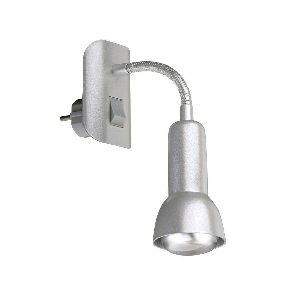 Lampe murale argentée ajustable avec bras col de cygne flexible et tête lumineuse conique.