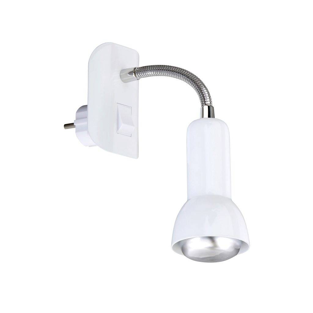 Projecteur mural blanc ajustable avec col de cygne flexible et base à prise, présenté sur un fond blanc uni.
