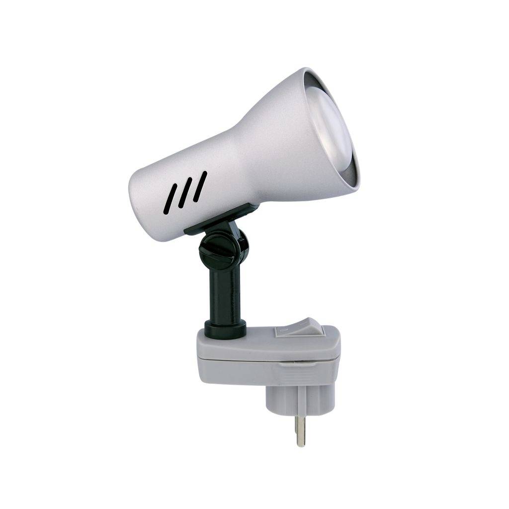 Projecteur clip-on gris avec tête ajustable et socle à brancher, présenté isolé sur fond blanc.