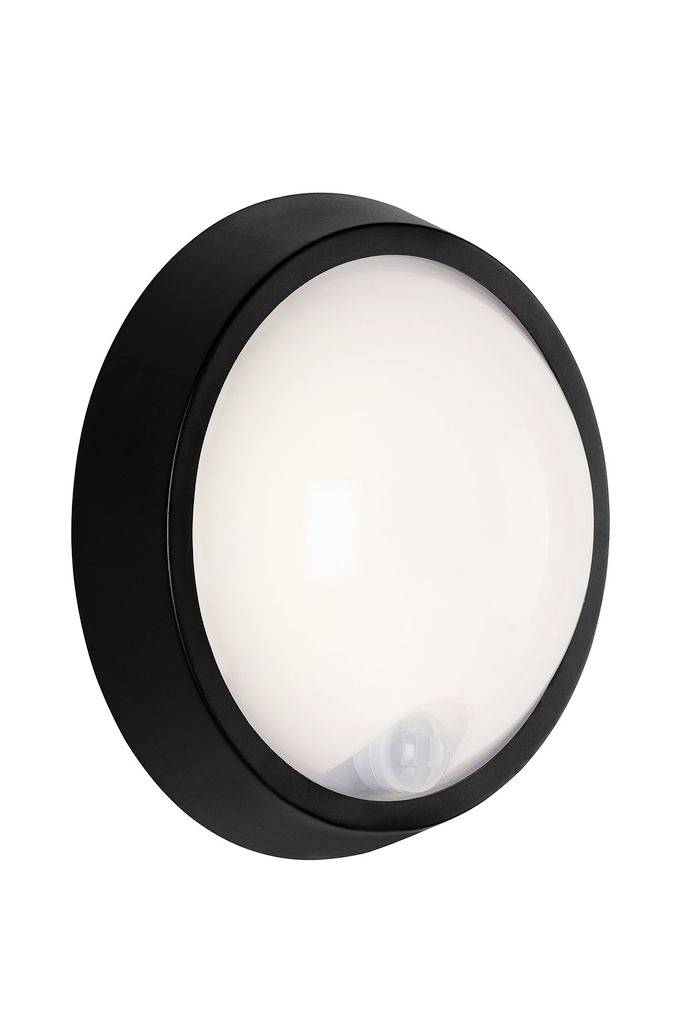 Luminaire mural rond noir avec diffuseur blanc dépoli sur fond neutre
