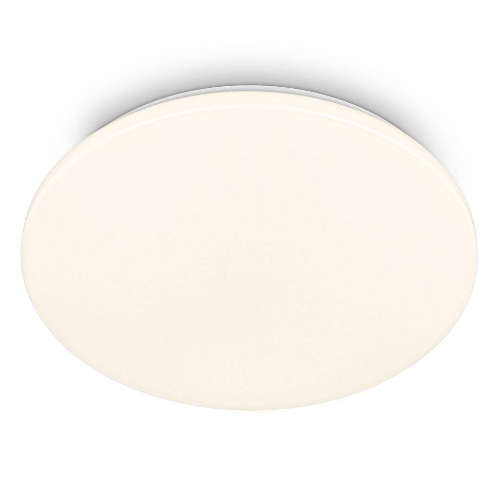 Un plafonnier rond de couleur blanc cassé avec un diffuseur opaque lisse sur un fond blanc.