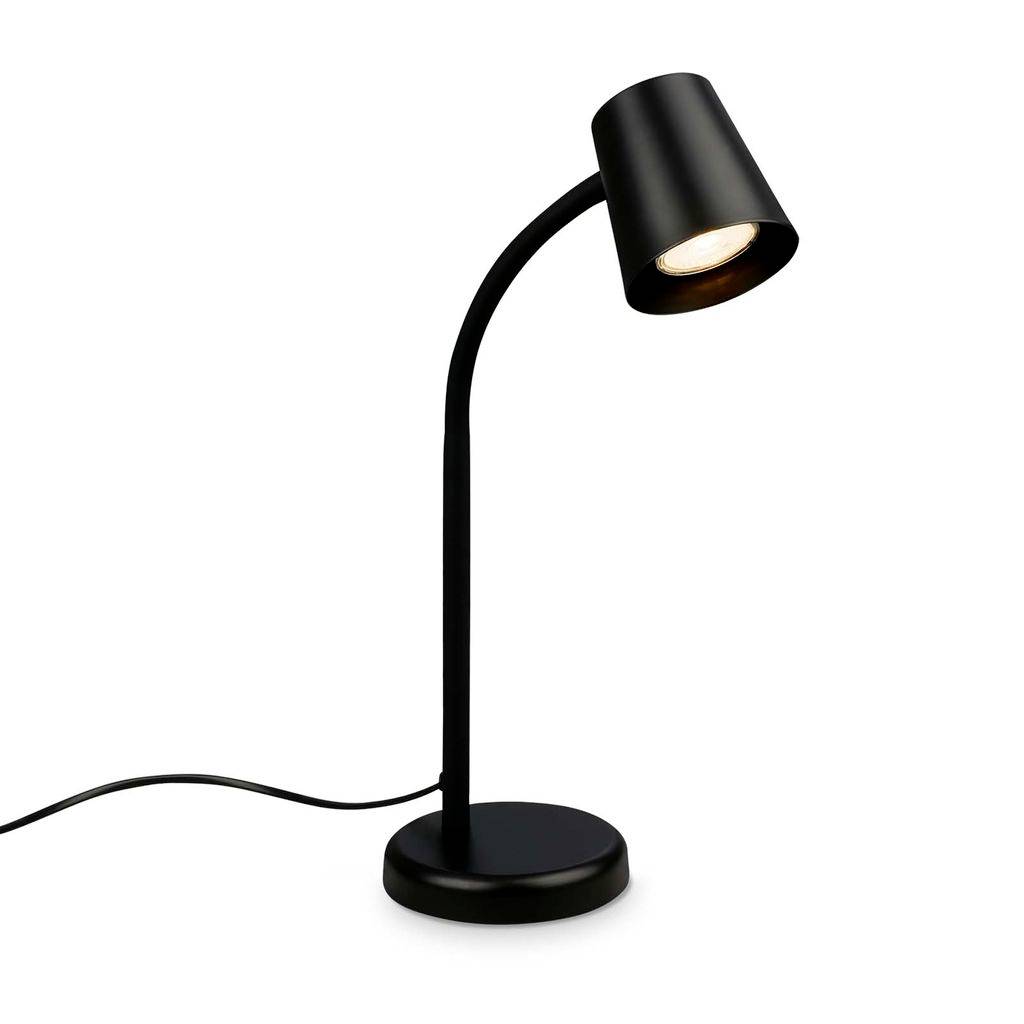 Lampe de bureau noire ajustable avec col cintré et base ronde, présentée sur un fond blanc avec la lumière allumée.