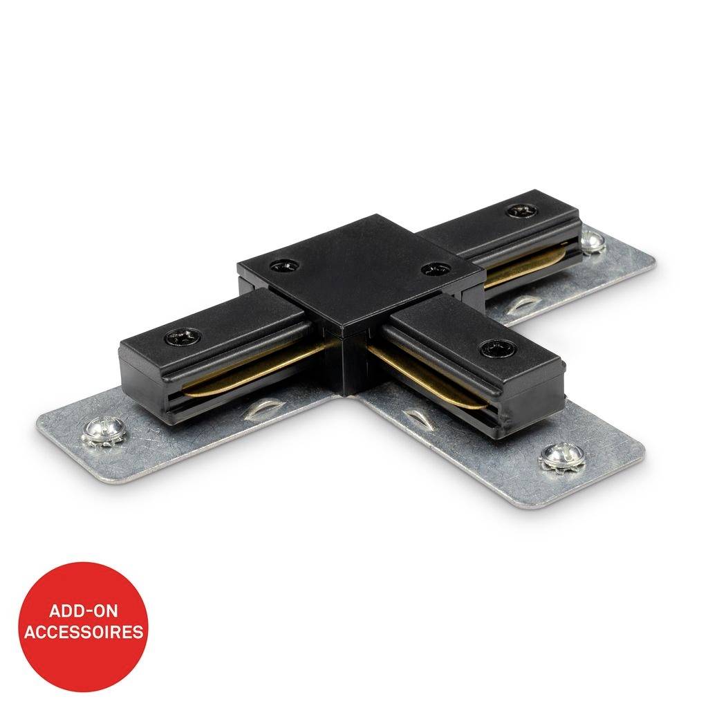 Connecteur de luminaire sur rail 3 directions de couleur noire avec plaques de fixation métalliques, présenté en tant qu'accessoire supplémentaire sur fond blanc.