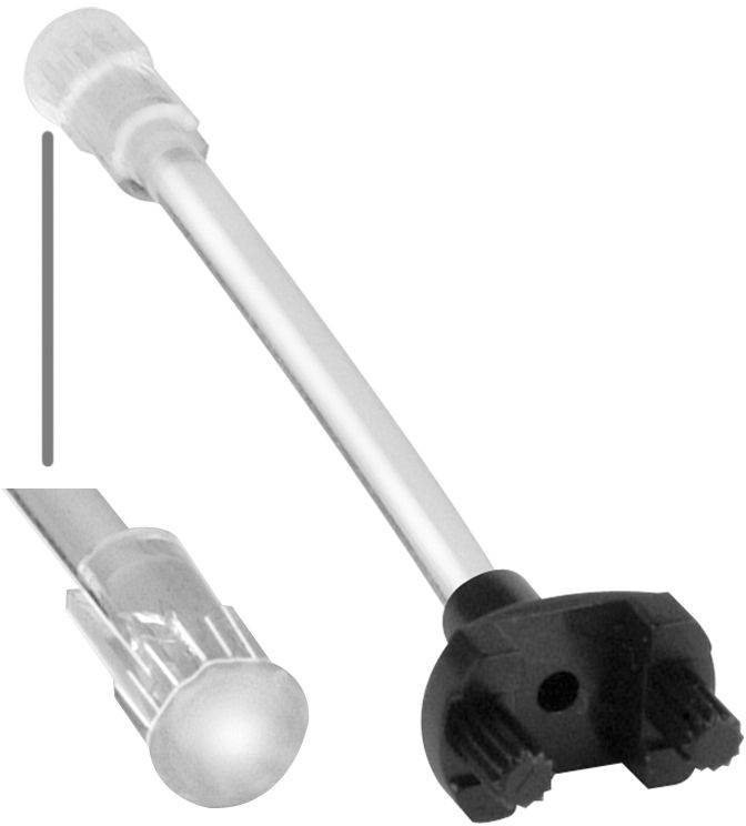 Connecteur de câble en plastique avec un fût cylindrique blanc et un capuchon d'extrémité noir, présenté en gros plan sur un fond blanc uni.