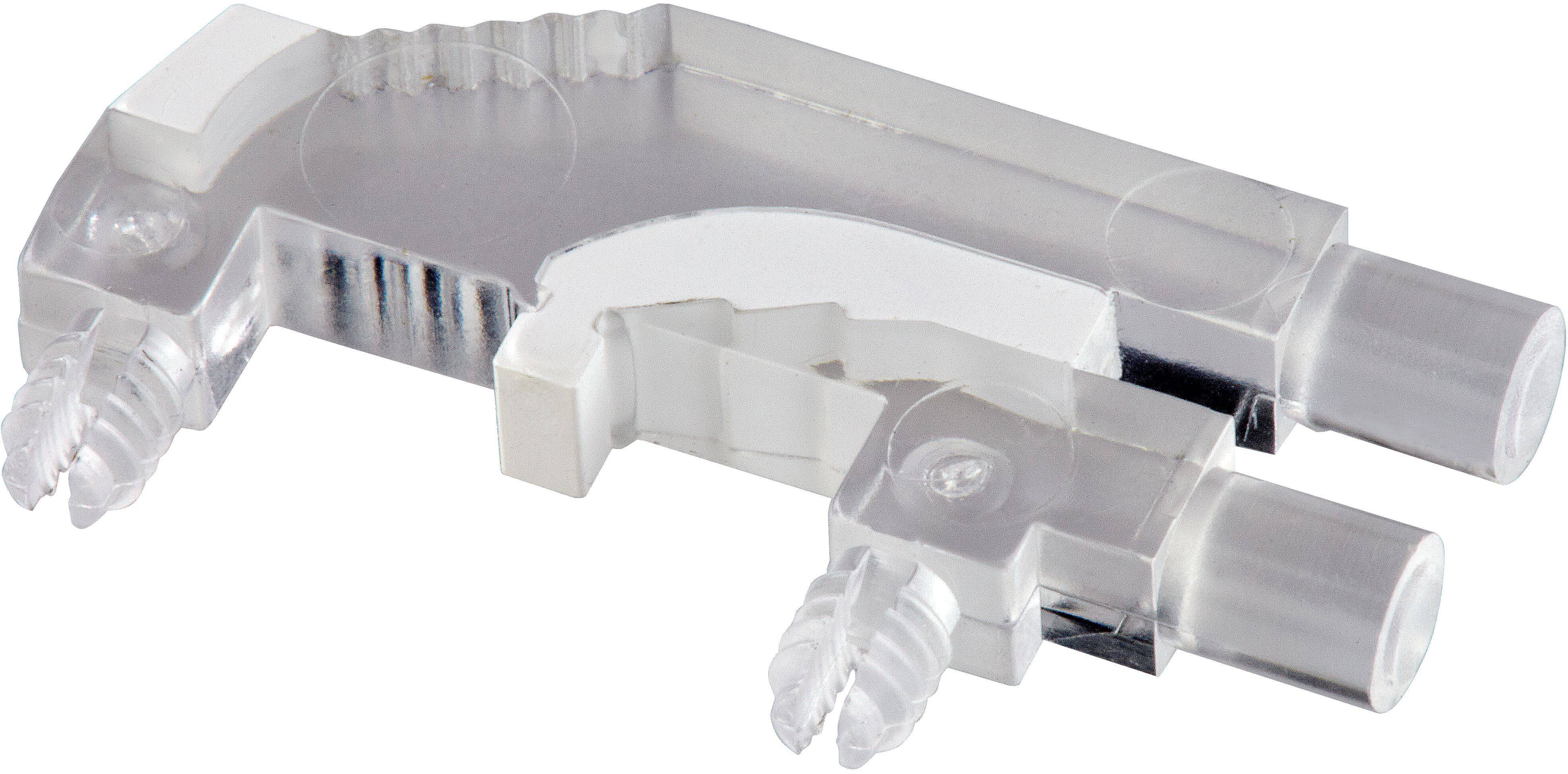 Serre-câble en plastique transparent avec deux poteaux de vis et ouvertures cylindriques, utilisé pour fixer et organiser le câblage.