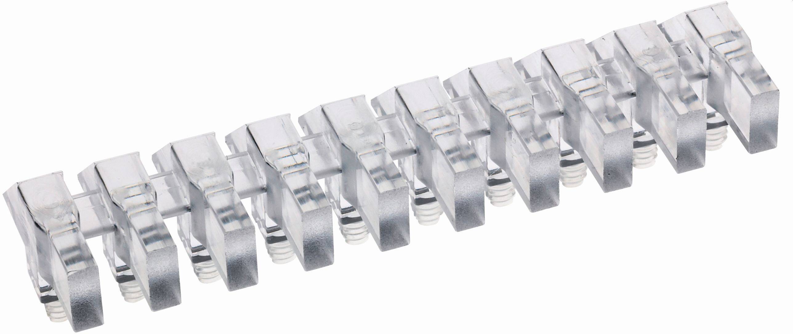Gros plan d'une bande connectrice transparente en plastique de type peigne avec plusieurs languettes régulièrement espacées, photographiée sur un fond blanc.