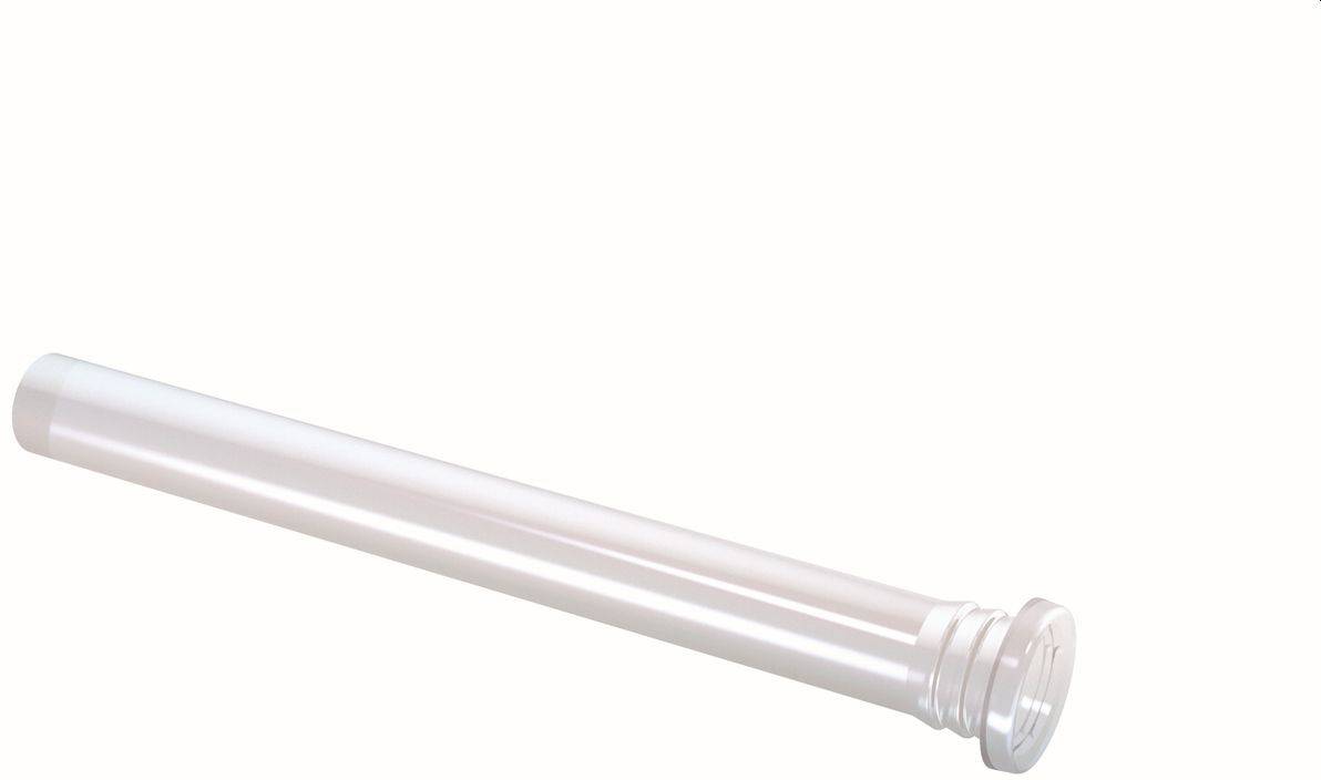 Tube à essai ou flacon en plastique transparent reposant horizontalement sur un fond blanc.