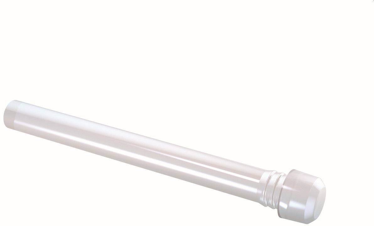Tube ou tige cylindrique en plastique blanc avec une extrémité bouchée, présenté en diagonale sur un fond blanc uni.