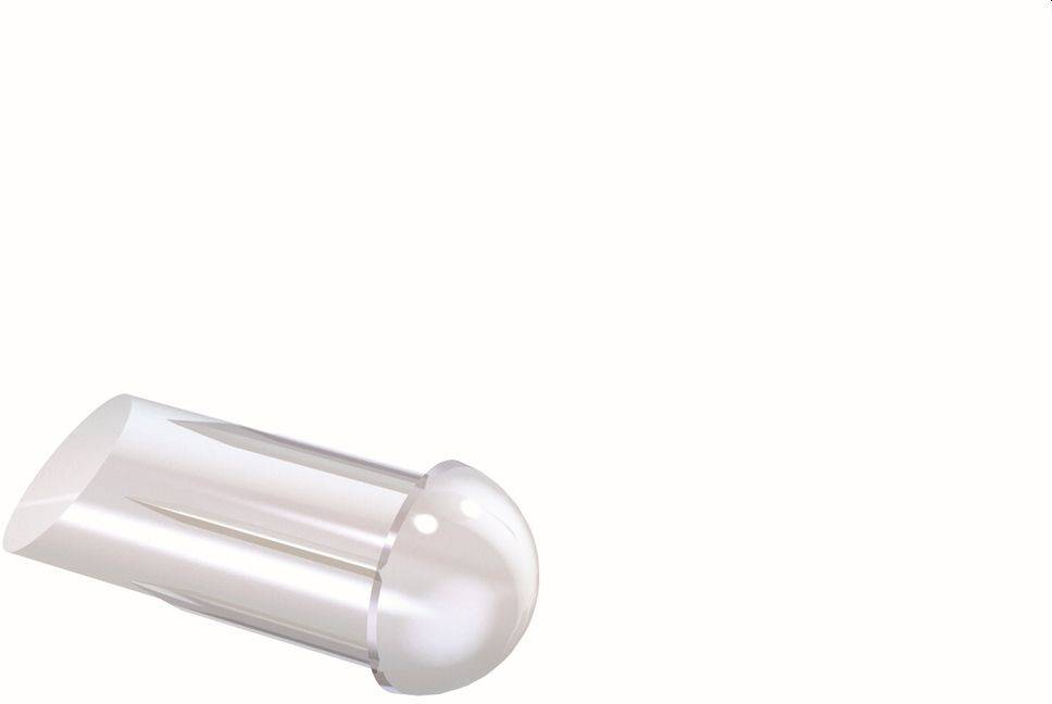 Capuchon cylindrique transparent en plastique avec une extrémité arrondie, présenté isolé sur un fond blanc.