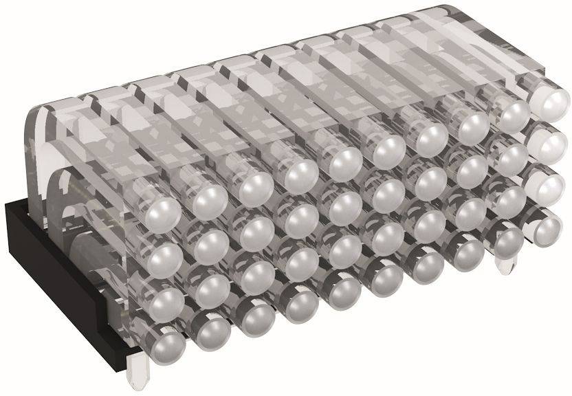 Composant électronique rendu en 3D montrant une grille de boîtiers cylindriques translucides avec des rangées de contacts sphériques métalliques sur une base noire.