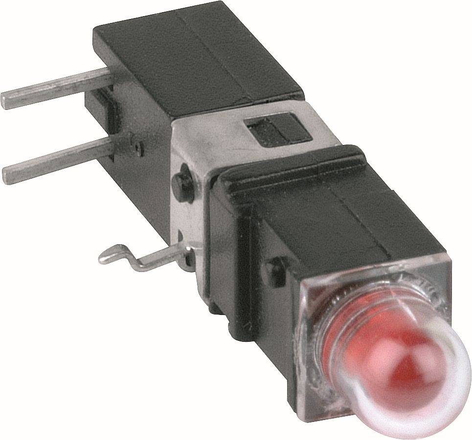 Gros plan d'un bouton-poussoir noir à montage en panneau avec deux broches métalliques et un embout de bouton illuminé rouge.
