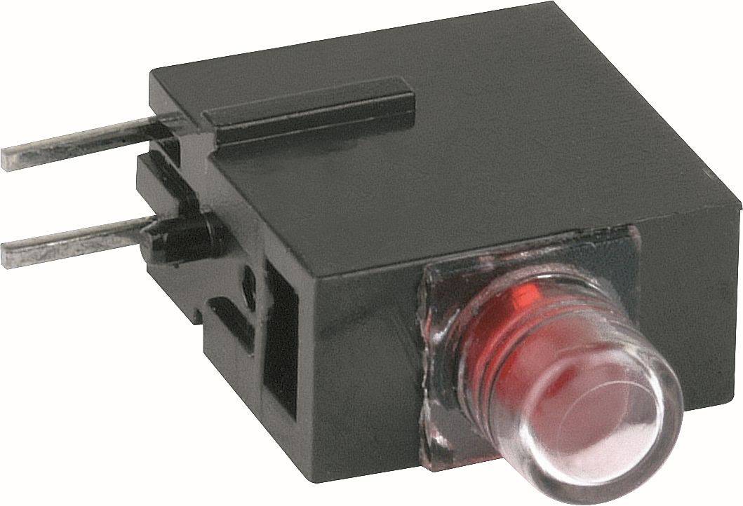 Gros plan d'un composant électronique noir de forme rectangulaire avec deux broches métalliques et une lentille de LED rouge à l'avant.