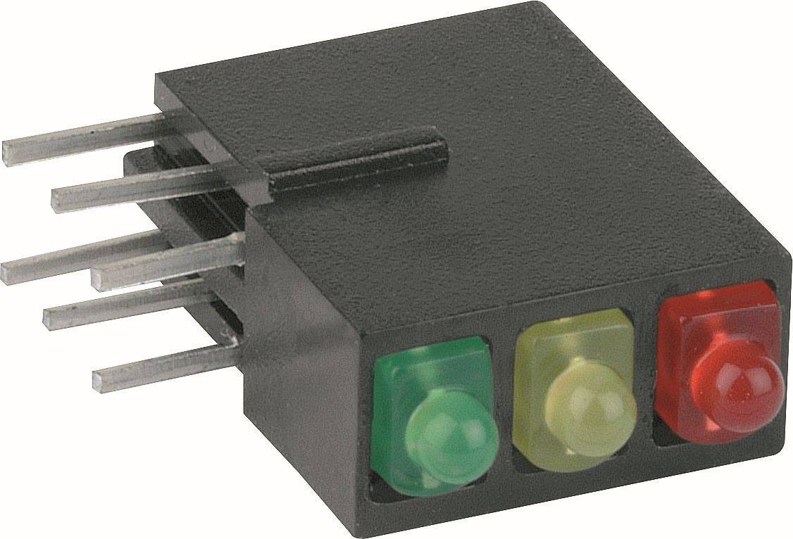 Module électronique noir avec six broches métalliques et trois voyants/boutons indicateurs à l'avant : vert, jaune et rouge.