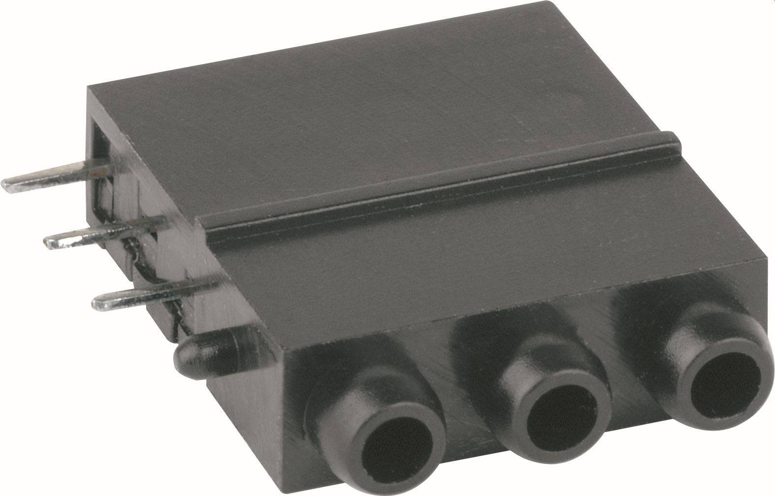 Connecteur électrique noir de forme rectangulaire avec trois prises frontales et trois broches métalliques sur le côté, présenté sur un fond blanc.