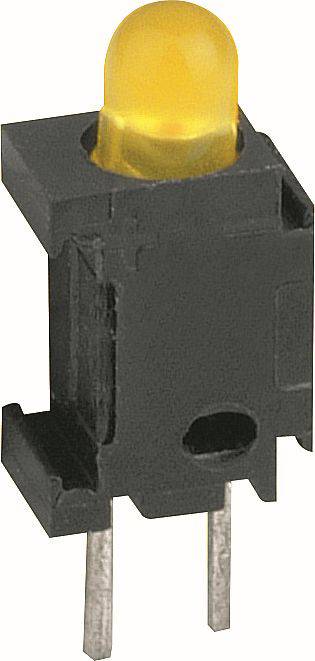 Gros plan d'une LED jaune montée dans un composant électronique de style bouton-poussoir noir avec deux pattes métalliques.