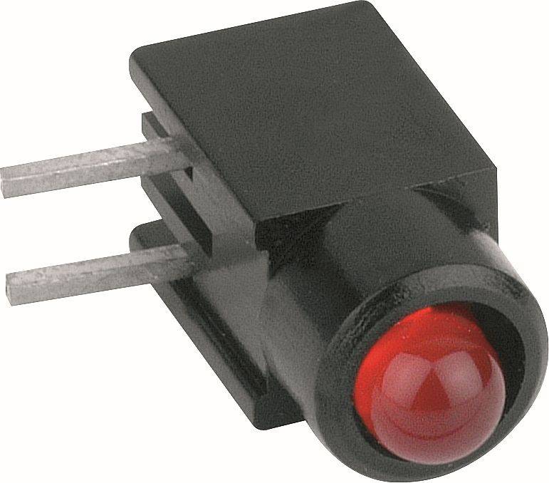 Gros plan d'un indicateur LED électronique noir à deux broches avec une lentille rouge sur un fond blanc.