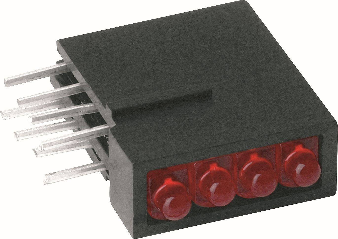 Module de connecteur électronique noir avec quatre LED rouges d'un côté et six broches métalliques de l'autre, isolé sur fond blanc.