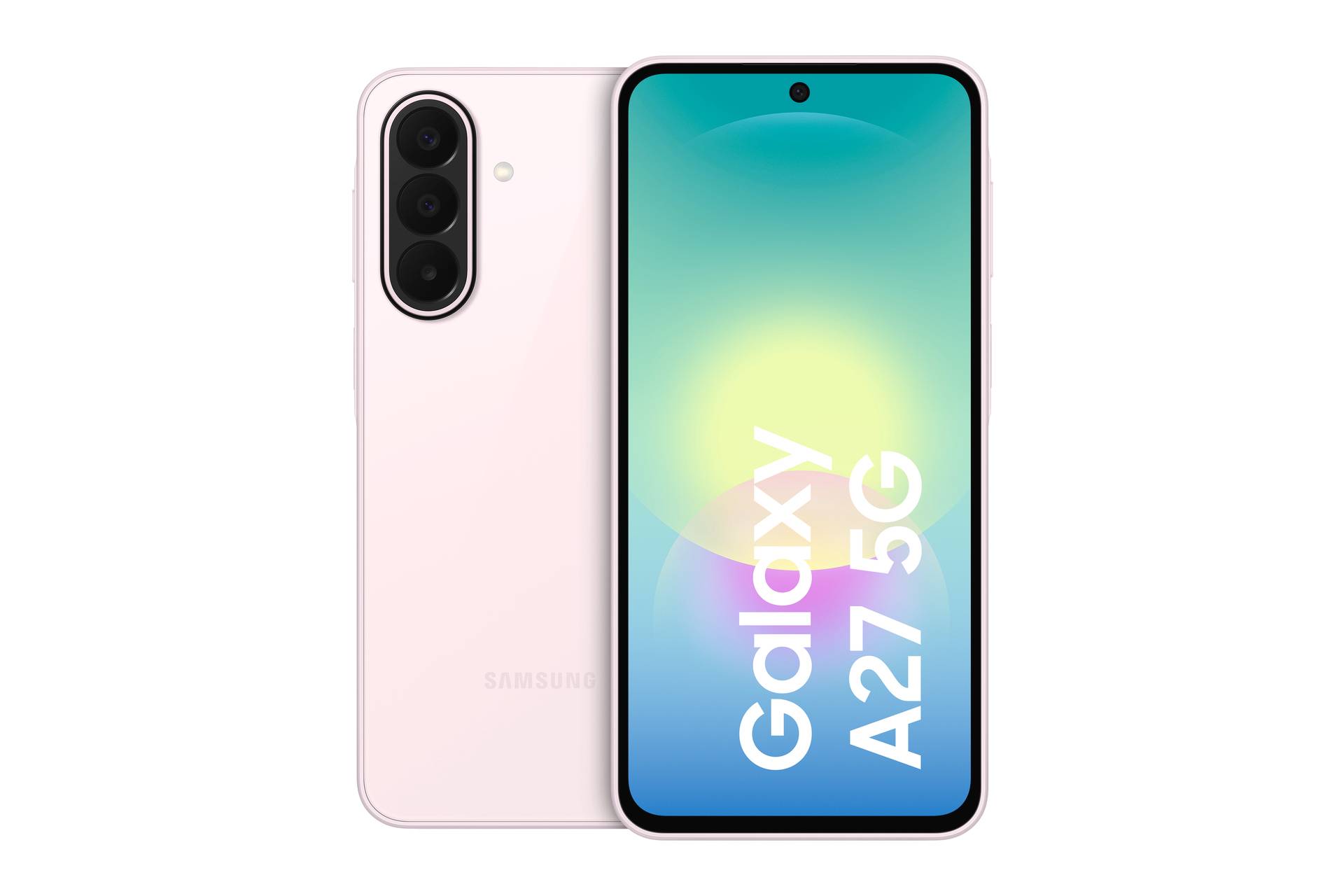 Smartphone Samsung Galaxy A27 5G rose montré de face et de dos, avec triple caméras arrière et un écran avec poinçon centré affichant « Galaxy A27 5G ».