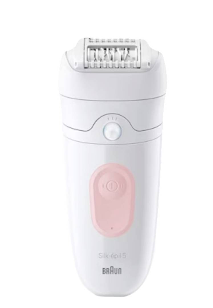 Epilateur électrique White Braun Silk-épil 5 avec bouton d'alimentation rose, présenté en vue de face sur fond blanc.